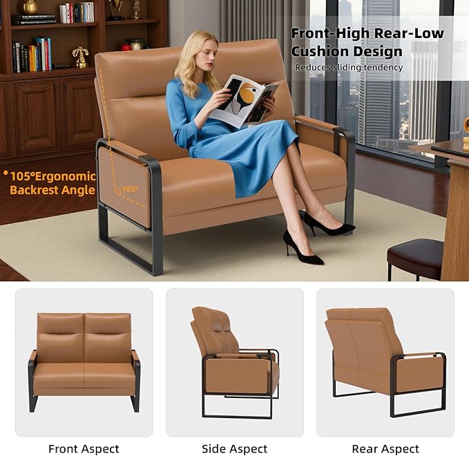 Modern Leather Loveseat Small Sofa with Side Tray &amp Pocket Upholstered Mini Couch for Living Room Office Guest Room Brown