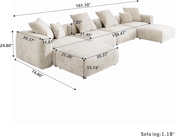 U-Shaped Couch Modular Sectional Sofa181.1 Oversized Corduroy Modular Sectional with Chaise Ottomans for Living Room Wide 6 Seater Sofa Couch Module's Cover Removable&amp Washable (Beige)