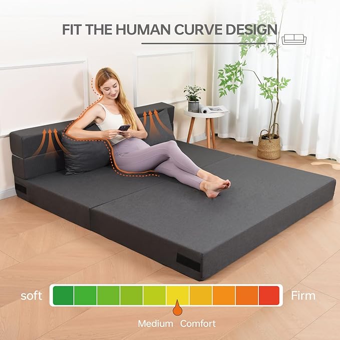 Folding Sofa Bed Foldable Bed Sleeper Chair with Pillow Convertible Sofa Bed with Washable Cover Fold Out CouchFuton Couch for Living Room Dorm Guest Room Queen Size Dark Grey
