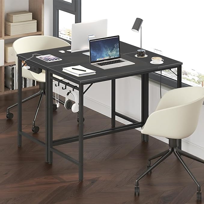 HOOBRO Computer Desk Home Office Desk with Power Outlet Modern Study Writing Desk with 3 Hooks for Study Room Home Office Sturdy and Stable Easy to Assemble Black BB40UDN01