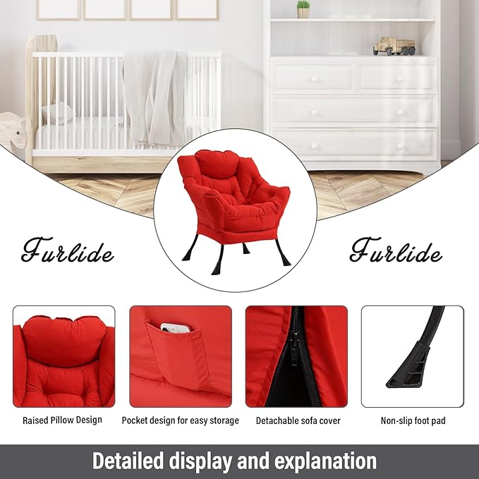 Lazy Chair with Ottoman Modern Accent Chair with Armrests and a Side Pocket Red Accent Chairs Comfortable Reading Chairs Oversized Armchairs for Bedroom Study Living Room Courtyard