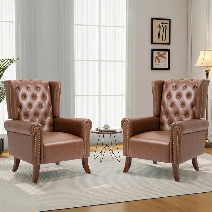 MOJAY Mid-Century Modern Living Room Chairs Set of 2 Upholstered Faux Leather Accent Chairs Club Arm Chair Single Sofa Chair with Solid Wooden Legs for Bedroom Study Home Office Lounges (Brown)