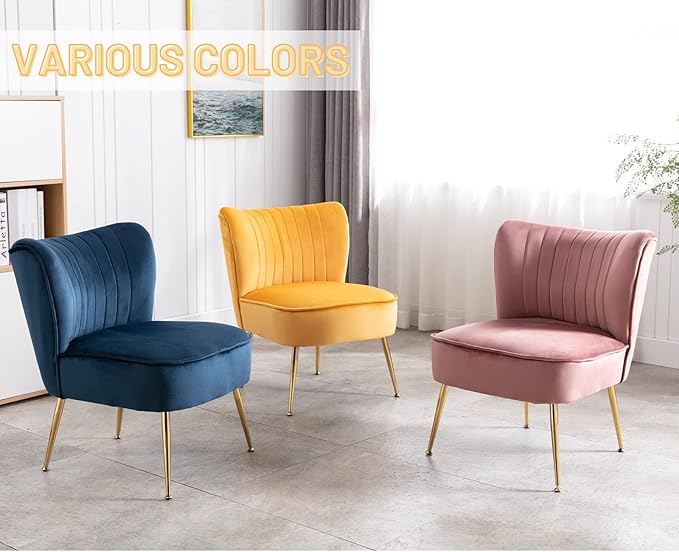 CIMOTA Velvet Accent Chairs Set of 2 Modern Armless Slipper Wingback Single Sofa Side Chair Comfy Corner Chair with Golden Legs for Living Room Bedroom Pink