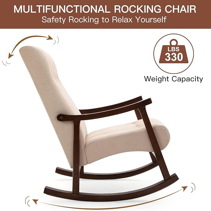 AVAWING Upholstered Rocking Chair with Fabric Padded Seat Comfortable Rocker Solid Wood for Living Room Modern High Back Armchair for Adult Beige