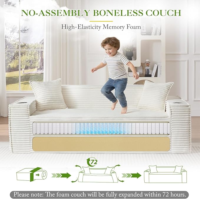 2 Piece Boneless Corduroy Sofa Set 61-Inch Loveseat Sofa and 80.7-Inch 3-Seater Sofa with Cup Holder Modern Comfy Cloud Deep Seat Couch Set for Living Room Bedroom No Assembly White