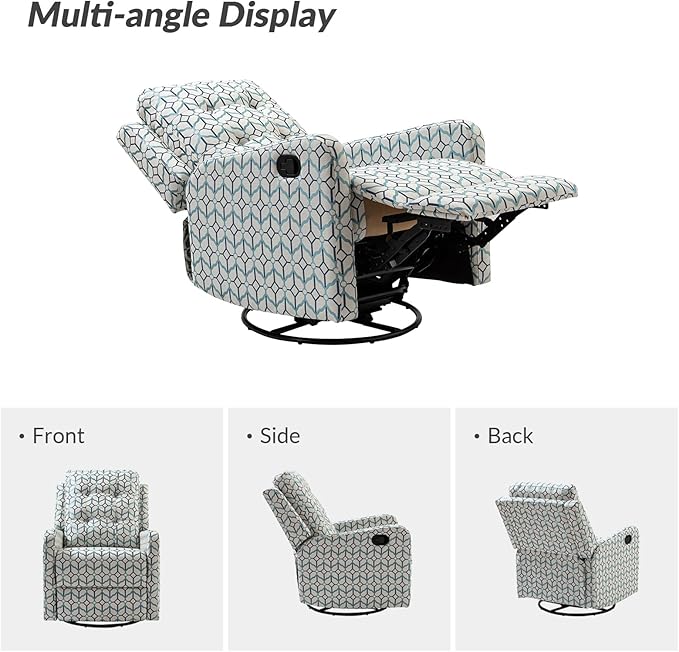 HULALA Home Recliner Chair Modern Printed Fabric for Living Room Wingback Rocker Recliner Sofa Comfy Armchair 360 Degree Swivel Nursery Rocking Chairs with Adjustable Backrest &amp Footrest/Ivory