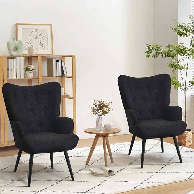 Furnimart Mid-Century Modern Accent Chairs Set of 2 Black Sherpa Wingback Reading Chairs with High Backrest Armchair for Living Room Bedroom Waiting Room
