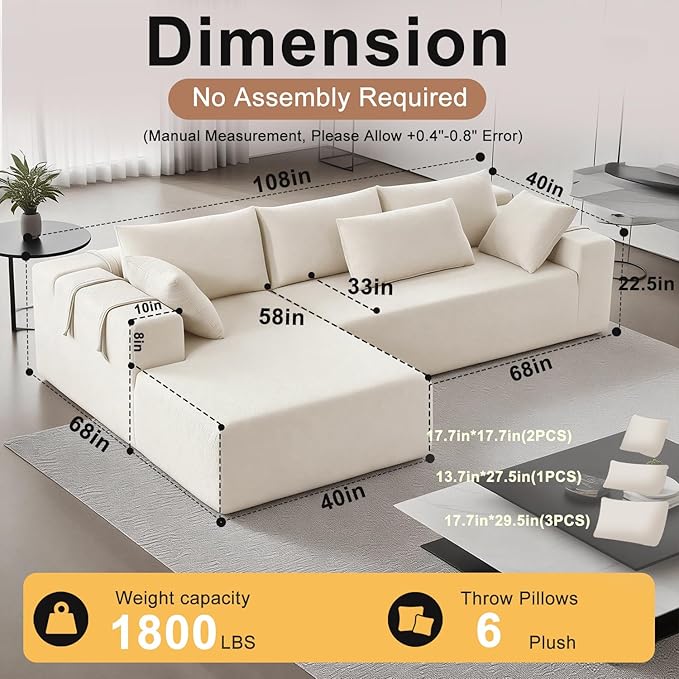 108 Modular Sectional Couch Sofa with L-Shape Chaise &amp 6 Pillows Modern Cloud Comfy Sofa with Deep Seat Upholstered Couches for Living Room Bedroom No Assembly Required (Beige)