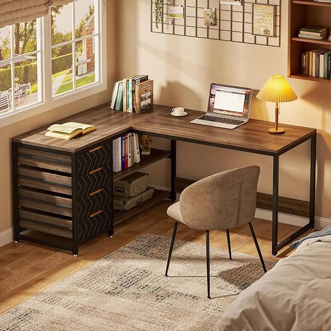 59-Inch Reversible L-Shaped Desk with Drawers &amp Shelves Corner Computer Desk Workstation for Home Office Grey