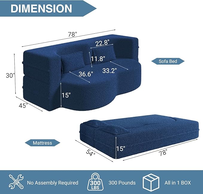 2 in 1 Convertible Folding Sofa BedTeddy Fleece Lazy Lounge SofabedFoam Folding Floor Sofa Bed78 Full Size Memory Foam Couch for Living Room Guestroom No Assembly Required Sofabed(Blue)