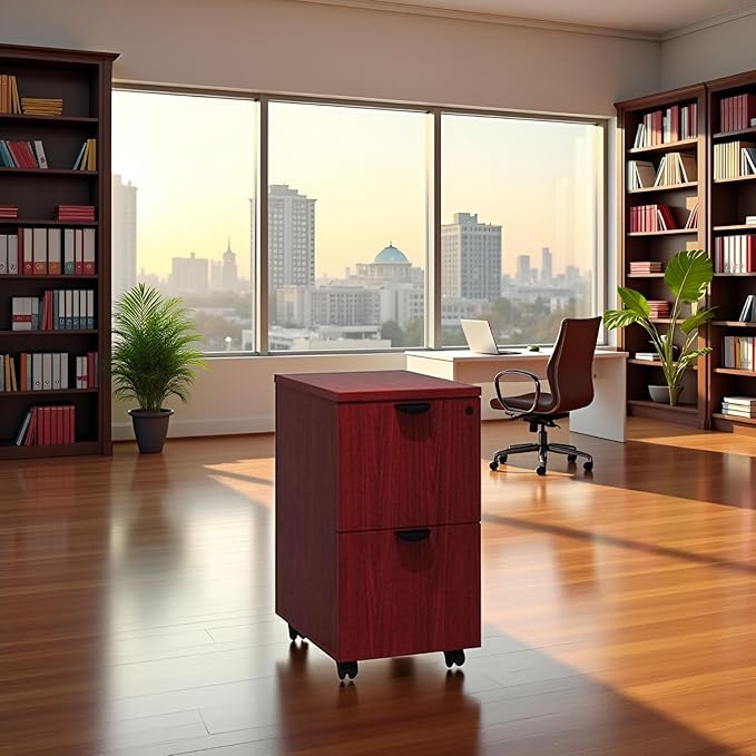 Compact Mobile Pedestal Mahogany Finish Under Desk File Cabinet Rolling Office Storage Drawer Unit Lockable Wood Organizer Furniture for Home Workspace Modern Executive Business Interiors