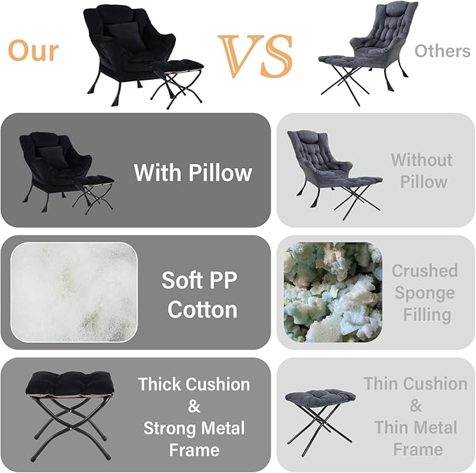 Lazy Chair with Ottoman Comfy Reading Lounge Chair with Footstool &amp Throw Pillow Modern with Armrests &amp Side Pocket for Living Room Bedroom Dorm Room Velvet Black