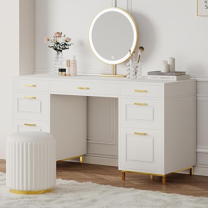 White Desk with 7 Drawers 57 Executive Desk with Storage White and Gold Desk for Bedroom Makeup Vanity Desk with Golden Handle