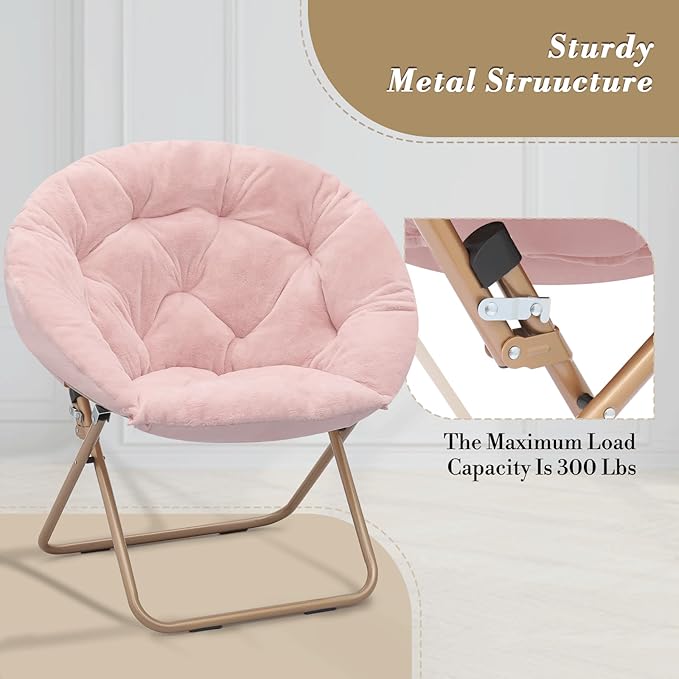 Athena Collection Round Saucer Chair with Ottoman Set for Adults Oversize Comfy Cozy Faux Fur Folding Reading Chair with Metal Leg Lazy Relaxing for Living Room Bedroom Dorm Apartment Pink