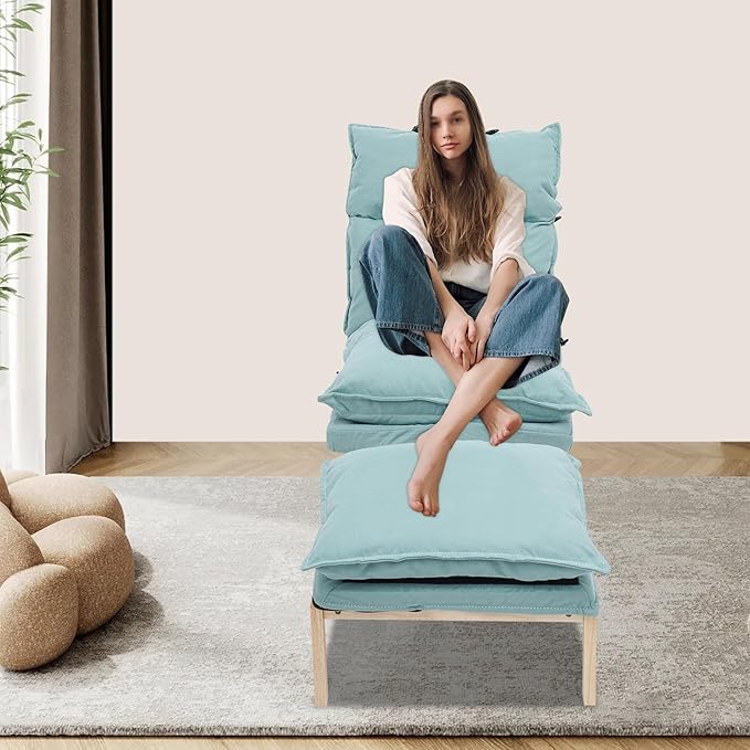 Modern Sofa Bed Chair with Ottoman 5-Position Adjustable Recliner Lounge - Accent Reading Chair for Bedroom Living Room Balcony - 330lbs Capacity (Green)
