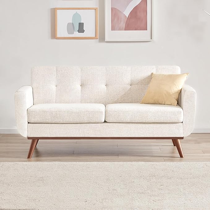 Tbfit Loveseat Sofa Mid-Century Love Seat Couches Boucle Small Sofa for Living Room Bedroom Office Button Tufted Upholstered Furniture Beige