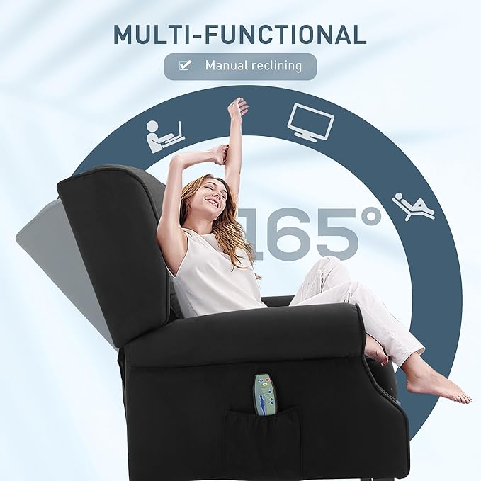 HOMCOM Vibration Massage Recliner Chair for Living Room with Heat Wingback Single Sofa Modern Suede Fabric Push Back Reclining Chair with Footrest Side Pocket Black