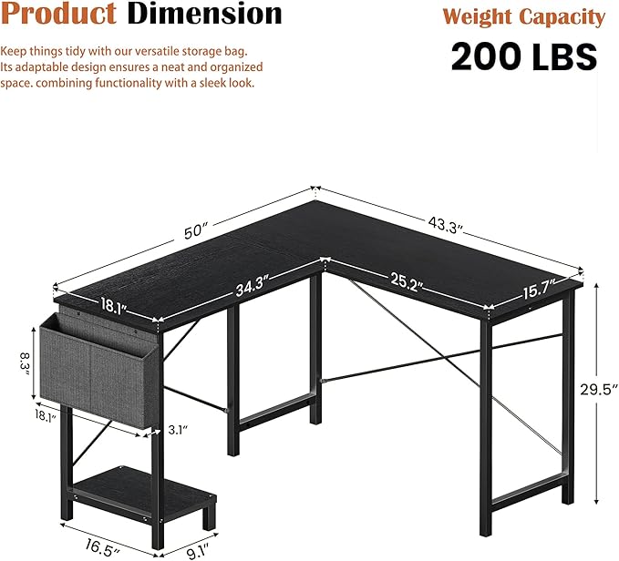 Alpen L Shaped Desk 50 Inch Computer Desk Gaming Table Corner Desk for Small Space Home Office Desk with CPU Stand and Side Storage Bag Sturdy Writing Workstation for Bedroom Black