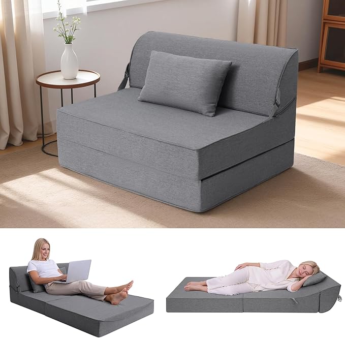 BeBen Folding Sofa Bed Chair Convertible Sleeper Chair Futon Couch Foldable Boneless Floor Lounger Sofa Twin Foam Chair Bed for Small Spaces Dorm Guest Room Living Room Apartment Grey