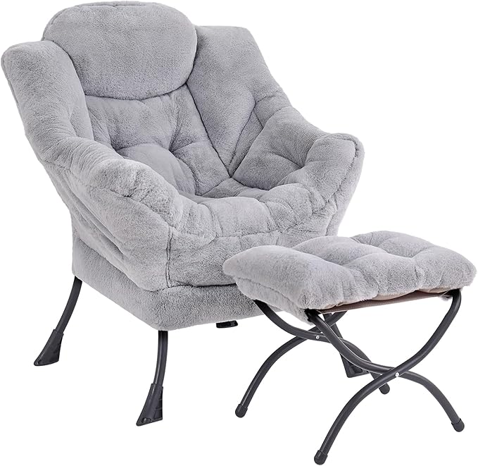 LITA Lazy Chair with Ottoman Modern Accent Leisure Upholstered Sofa Chair Contemporary Lounge Reading Chairs with Armrests and a Side Pocket for Living Room Bedroom &amp Small Space Plush Grey