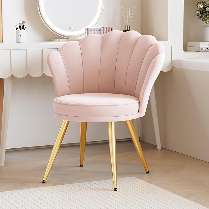 Velvet Accent Chair with Gold Metal Legs Vanity Chair for Makeup Room Upholstered Guest Chair for Living Room for Bedroom Light Pink