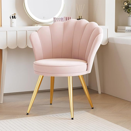 Velvet Accent Chair with Gold Metal Legs Vanity Chair for Makeup Room Upholstered Guest Chair for Living Room for Bedroom Light Pink