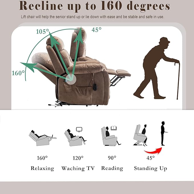 Power Lift Recliner Chair with Massage and Heating FunctionsVelvet Sofa with 2 Remote Controls and Two Cup HoldersRecline up to 160 DegreesSuitable for Living Room