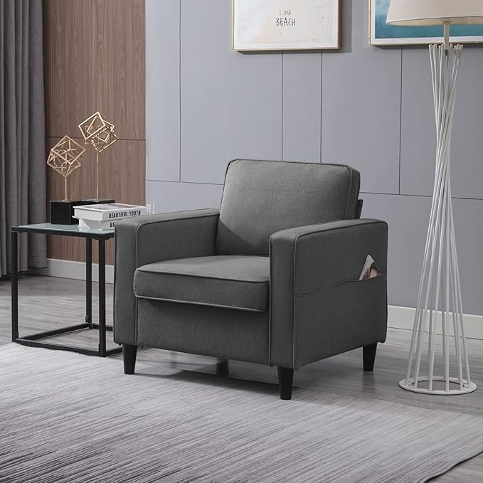 Modern Armchair Single SofaUpholstered Sofa ChairsLinen Comfy Arm Chair with 4 Storage PocketsLiving Room Chair Bedroom Chair for Small SpaceDark Grey