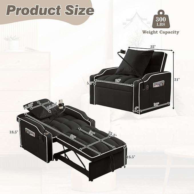 Convertible Sleeper Sofa Chair Bed 3 in 1 Velvet Single Small Futon Sofa Bed with Phone Holder &amp USB PortsPull Out Couch Recliner with Adjustable Backrest for Living Room Office Small Place(Bl