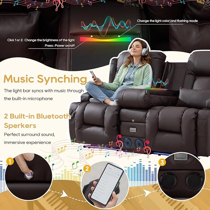 IPKIG Power Loveseat Recliner Sofa with Flip-Up Backrest Console Drawer AC Outlet LED Light Wall Hugger Recliners for Living Room RV Home Theater (Chestnut Console with Music LED)