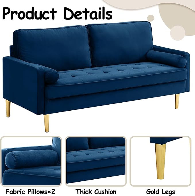 65 Inch Green Velvet Couch Small Loveseat Sofa &amp Office Sofa for Small Space Couch for Bedroom Livingroom 2 Pillows Gold Legs Tufted Seat (Navy)