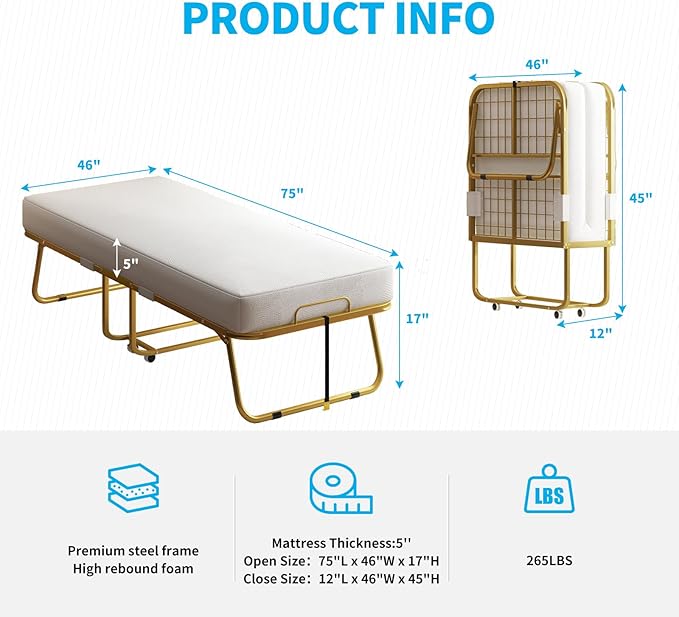 PUREMIND Folding Bed with Mattress for Adults 75”L x 46”W Portable Foldable Beds with Metal Bed Frame Single Portable Roll Away Guest Beds for Bedroom Living Room Office