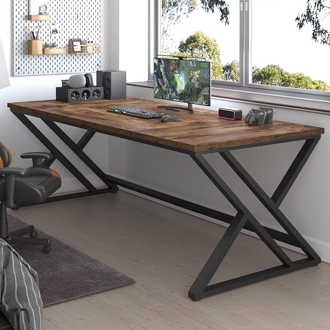 LVB 78.7 Computer Desk Industrial Extra Long Wood Home Office Desk Large Rustic Modern Metal Workstation Pc Study Writing table Dual monitor Double Work Executive Desk for Two Person Rustic Brown