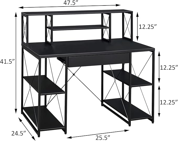 Penau Black Office Desk with Open Shelves and Hutch Writing Desk with Metal Frame Sturdy Surface for Studio Equipment 1 Drawer 8 Open Compartments