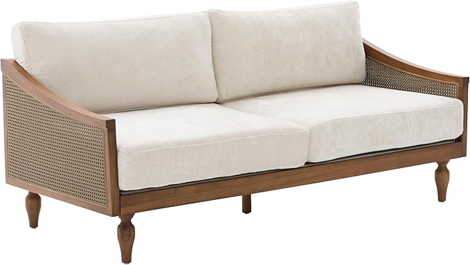 Christopher Knight Home Harper Mid-Century Loveseat Sofa Couch 2-Seater Lounge Sofa with Rattan Armrests and Wooden Legs Chenille Upholstered Couches for Living Room and Small Space Walnut