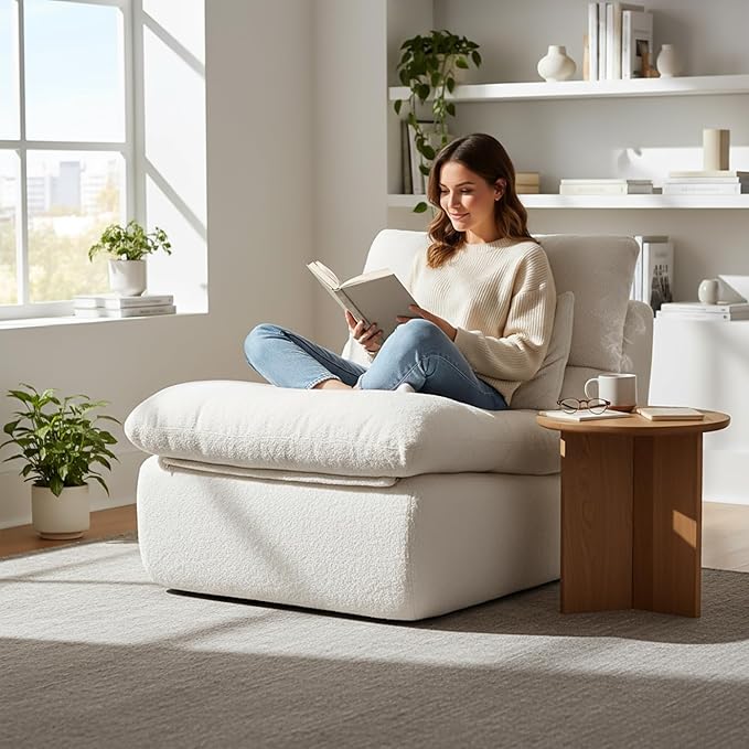 Boneless Single Sofa – 32” Teddy Plush Frameless Lounge Chair with High-Density Foam Support – No Assembly Cloud Couch for Living Room Bedroom &amp Apartment (White)