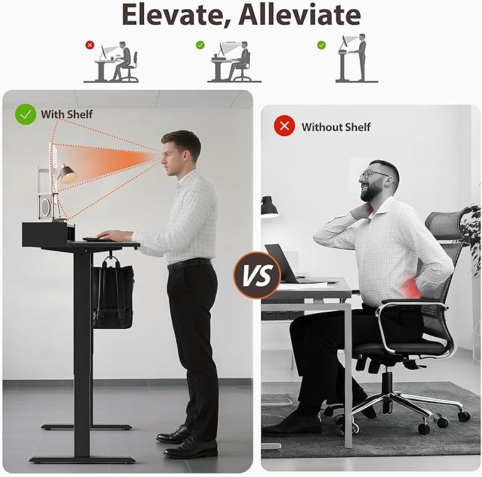Agilestic Glass Standing Desk with Storage 48 Inch Electric Adjustable Desk with Glass Shelf Sit Stand Up Home Office Computer Table Splice Board Black