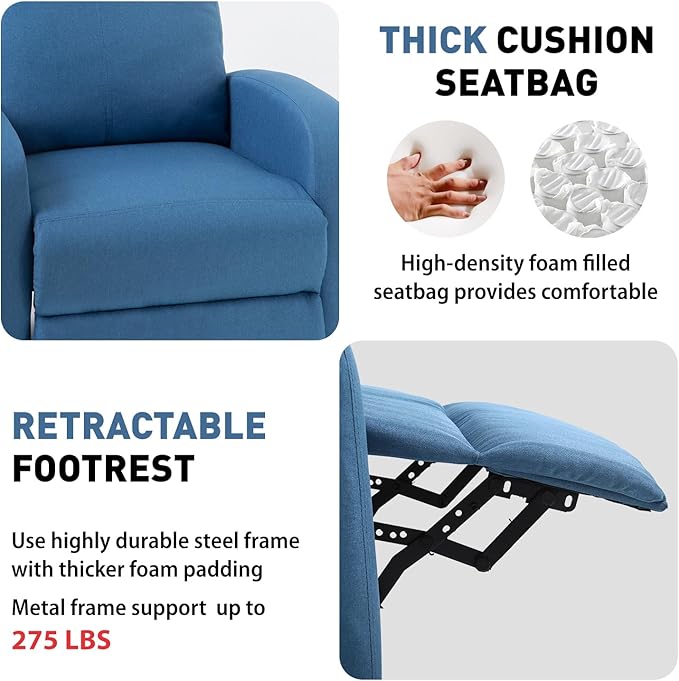PayLessHere Recliner Chair Single Reclining Sofa Home Theater Seating with Lumbar Support and Padded Backrest for Living Room and Bedroom (Fabric Blue)