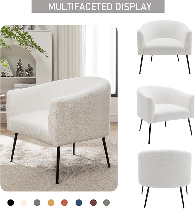 Modern Sherpa Boucle Accent Chair Set of 2 Upholstered Comfortable Armchair with Thicken Cushion Black Metal LegsComfy Reading Chairs for Living Room Bedroom Office(White)