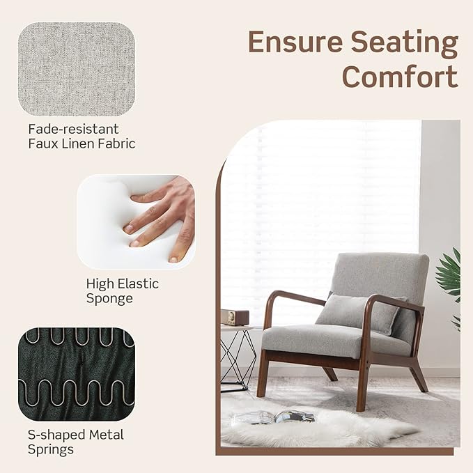 KOTEK Mid Century Modern Accent Chair with Lumbar Pillow Reading Arm Chair with Rubber Wood Frame Upholstered Seat &amp Back Waist Cushion Fabric Lounge Armchair for Living Room Bedroom (Grey)