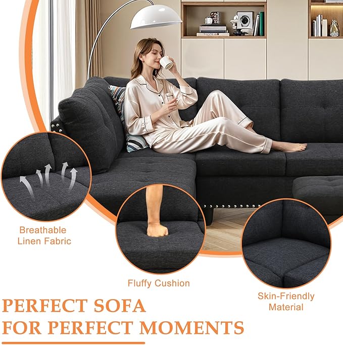 Wakefit Sectional Sofa Couch Modern 4-Seaters Living Room Furniture Sets with Chaise Lounge Ottoman &amp 2 Pillows | L Shape Couch | Cup Holder | Linen Fabric Charcoal Gray