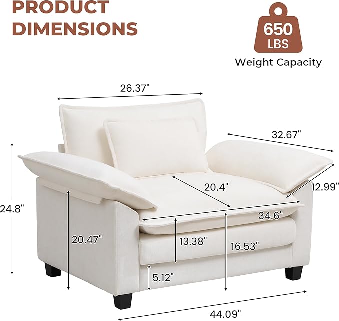 Modern Oversized Accent Chair44 Chenille Cloud Sofa Chair with Deep SeatUpholstered Armchair with Extra ThickComfy Accent Chair Reading Chairs for Living Room Bedroom Apartment White