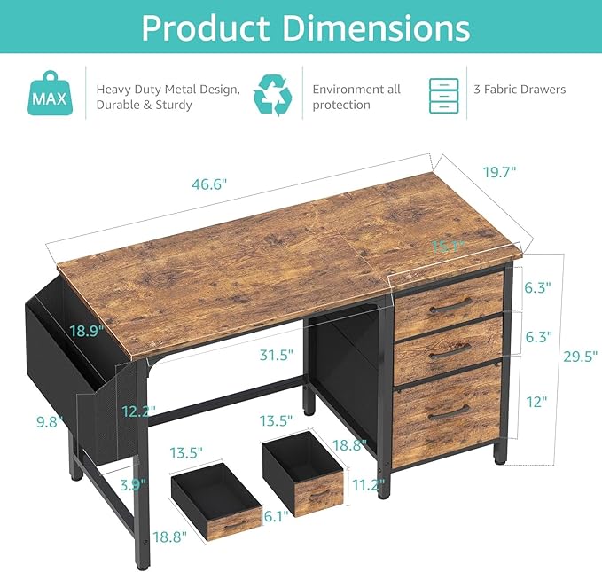 Lufeiya Computer Desk with File Drawers Cabinet 47 Inch Reversible Home Office Desks with Fabric Filing Cabinet for Small Space Study Writing Table PC Desks Rustic Brown