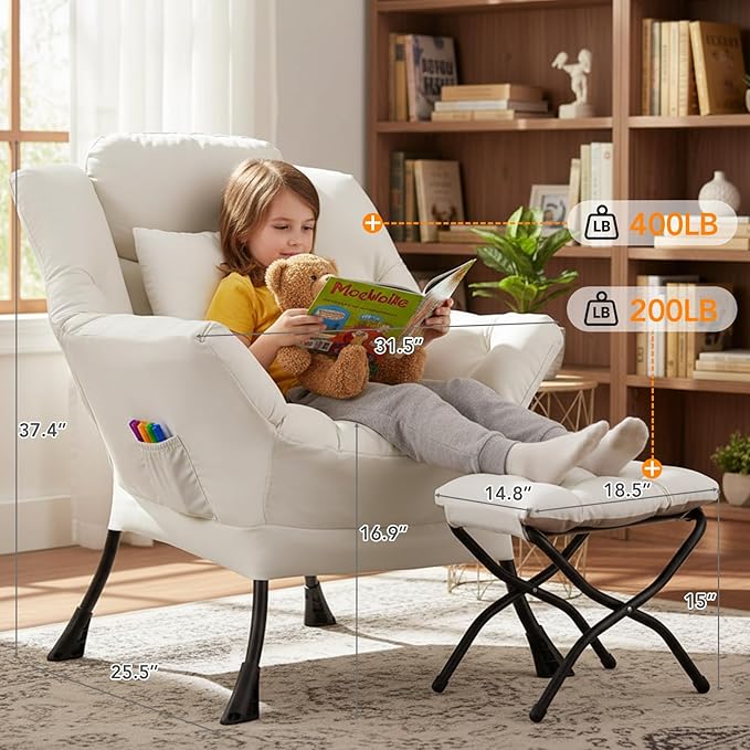 Lazy Chair with Ottoman Large Accent Chair with Ottoman and a Throw Pillow Beige Reading Chair for Living Room Bedroom Dorm Room Office Apartment Relaxing Use