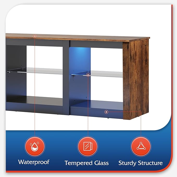 WLIVE RGB LED TV Stand for 65-Inch TV 58-Inch Entertainment Center with Adjustable Glass Shelves Modern Media Console for Living Room &amp Bedroom Rustic Brown