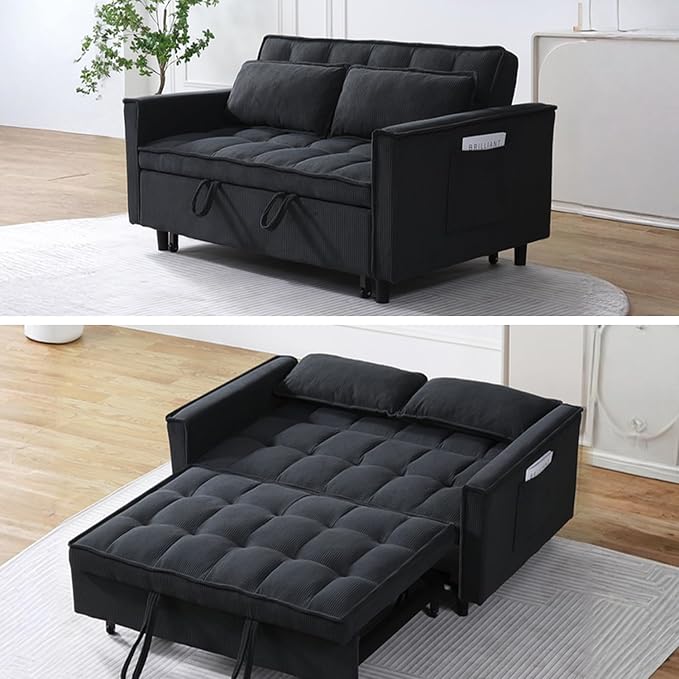 3 in 1 Corduroy Convertible Sofa Bed Pull Out Couch Bed with Reclining Backrest and 2 Pillows 54 Full Size Loveseat Sleeper Sofa Futon Couch Beds Couches for Small Spaces Living Room (Black)
