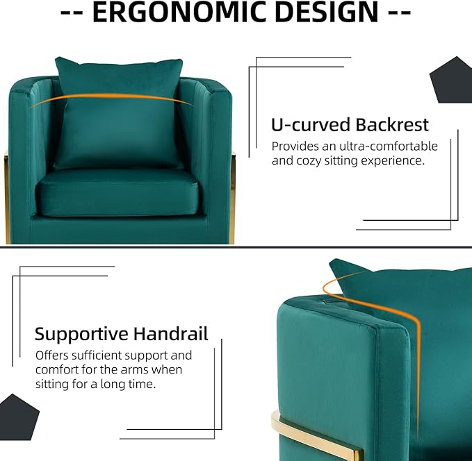 X-VOLSPORT Velvet Accent Chair Modern Barrel Arm Chair for Living Room/Bedroom/Guest Reception Upholstered Club Armchair with Pillow &amp Gold Base Green