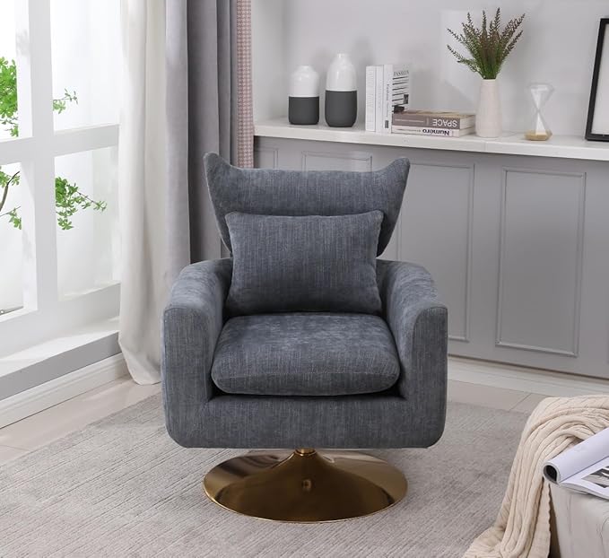 Swivel Accent Chair Armchair Classic Mid-Century 360 Degree Swivel Sofa ChairUpholstered Accent ChairTeddy Fabric Leisure Chair for Living RoomBedroom Office (Blue-Grey + Linen)
