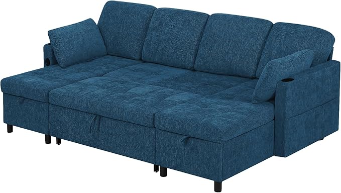 110 Sectional Pull Out Sofa Bed with Adjustable Backrests U-Shaped Sleeper Sofa with USB Ports Upholstered Reversible Couch with Cup Holder &amp Storage Space for Living Room House Blue