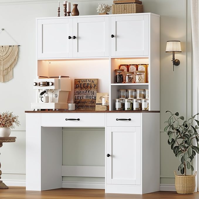 Keyluv 71 Tall Computer Desk with Hutch Cabinet Home Office Desk with Storage Drawers Shelves and Side Rack Wood Executive Desk with Doors Outlet Station and Smart LED Lights White